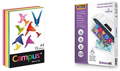 Plus Office Color 002210 – Papier, 500 Blatt, 80 g, 15 Farben, A4 & Fellowes Laminierfolien A4 ImageLast, 80 Mikron (2 x 80 Mikron), 100 Stück, transparent mit Ausrichtungshilfe