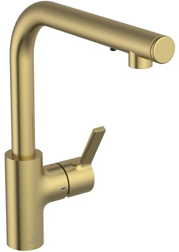 Ideal Standard – Gusto iMX Küchenarmatur, Hoher L-Auslauf mit zylindrischem Querschnitt, mit Seifenspender, Schwenkbereich 360°, Schnellmontagesystem EasyFix+, Brushed Gold
