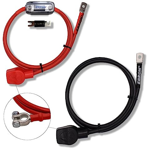 EBROM Cavo batteria rosso + nero in 50 mm2 (50 mm²) con morsetti DIN + tappi di protezione per Plus e Minus con capicorda M6/M8 o M10 (DIN46235), molte lunghezze a scelta + fusibile ANL