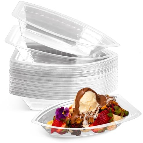 CZWESTC 50 Pack Disposable Banana Split Boats, Ice Cream Sundae Bowls, and Clear Plastic Disposable Dessert Bowls for Parties, Concession Stands, Restaurants, Food Trucks, and Bakeries.