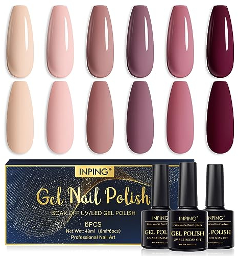 INPING Smalto Semipermante Per Unghie Nudo, 6 Colori Nudo Marrone nudo Raccolta Set Di Smalti UV Per Unghie Nudo Albicocca Beige Rosa Marrone scuro Vernicie Gel per 8ml DIY