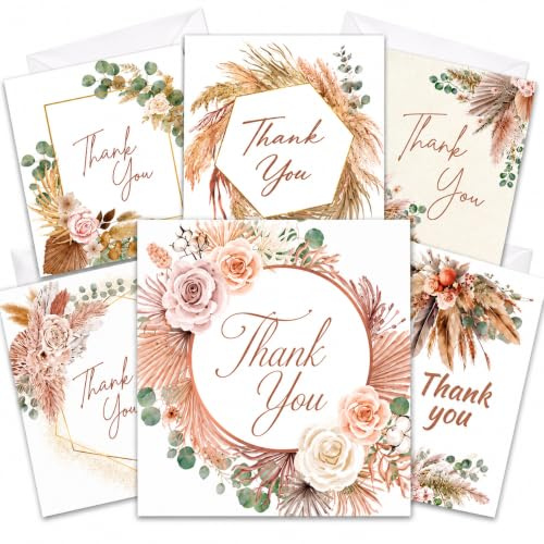 Dankeskarten 28 Stück – Multipack Dankeskarten – für Hochzeiten, Babypartys, Partys, Familie, Freunde, Arbeitskollegen – 7 verschiedene Boho-Designs mit weißen Umschlägen