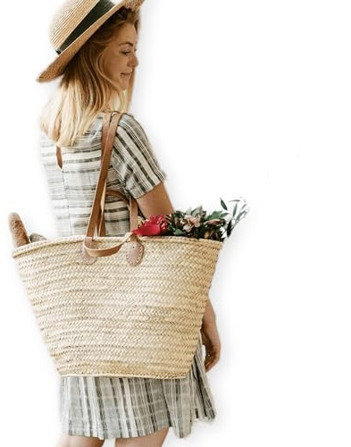 French Market Basket with Double Flat Leather Handles: Effortless Elegance for Every Occasion, beach bag, basket bag, straw shopping basket (Large)