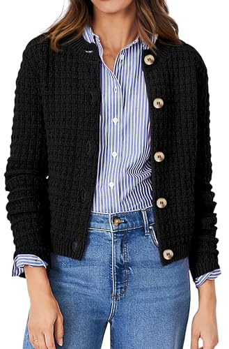 PRETTYGARDEN Women's Knit Cardigan Sweaters Casual Long Sleeve Open Front Button Down Trendy Jackets Outerwear (Black,Large)