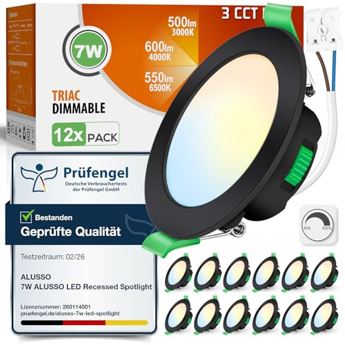 ALUSSO 3CCT LED Einbaustrahler 230V Dimmbar 7W IP44, Loch 67-75MM, 12er Set | Spots Deckenleuchte 3000K 4000K 6500K Wählbar, Deckenspots Einbauleuchten Einbauspots für Badezimmer Küche, Rund Schwarz
