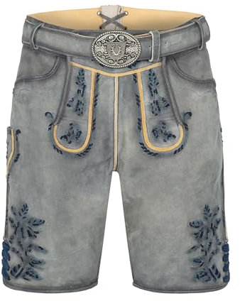 Krüger Herren Trachten Lederhose kurz, Modell: Larry mit Gürtel, Knielang, braun und grau, Art.-Nr. 961567-0-0448, 48,