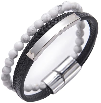 Wycian Armband Silber 21 cm, Magnetarmband Pärchen Perlen Magnesit Schwarz-Weiss Versilbert Schicht Perlen Geflochten 21cmx6mm 1er Naturstein für Muttertag