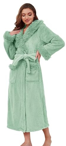 LYCY Womens Hooded Plush Long Robe, Soft Warm Fleece Bathrobe for Women Fluffy Cute Spa Robe(Light Green,S/M)