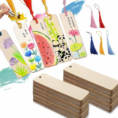 Segnalibro Legno Rettangolare e Nappine 100 Pezzi,50 Segnalibri in Legno Vuoti 50 Nappe Colorate,Adatto Per Segnalibri Personalizzati Fai Da Te Libri,Artigianato,Regali Decorativi