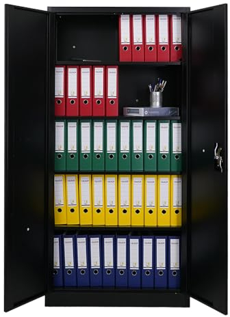 PROREGAL Flügeltürenschrank Elephant fertig montiert | HxBxT 185x90x40cm | 4 Fachböden | Schwarz | Metallschrank abschließbar Lagerschrank Aktenschrank Büroschrank Werkzeugschrank