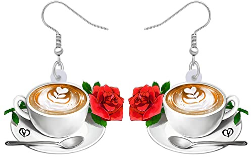 HUAGEO Boucles d'oreilles mignonnes en acrylique avec motif tasse à café blanc, rose, cuillère, plateau, bijoux fantaisie pour femmes, cadeaux de fête, Medium, Acrylique, Pas de gemme