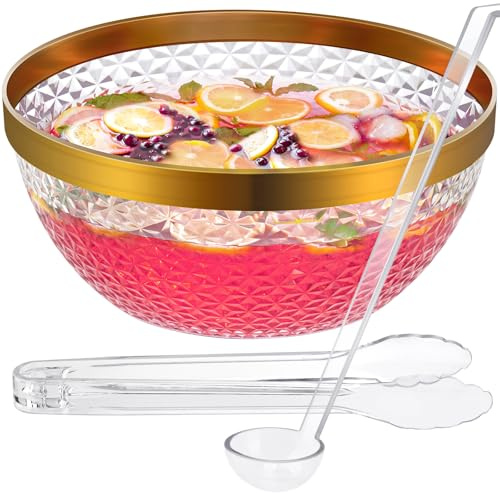 NiHome Guldtrim genomskinlig plastskål med slev och tång för fester, bröllop, grillning, 2,7 gallon dryck, serveringsskål komplett set för cocktail, sallader, mellanmål, diskmaskinssäker och lätt att