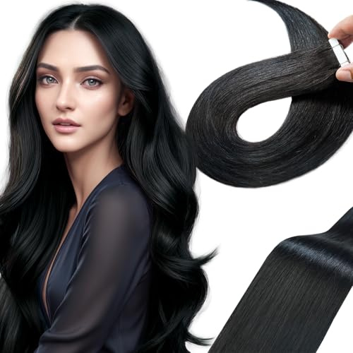 LieblichWelle Tape in Hair Extensions Human Hair Jet Black 16 Inch, 20pcs, 40g/Pack - Salon-Grade Quality, Easy Comfort Wear for Young Women