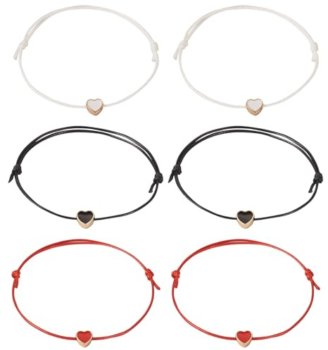 PandaHall 6pcs Adjustable Polyester Braided Bead Bracelets Couple Bracelet Rope with Heart Link Charms for Wrist Friendship Bracelet Jewelry Making