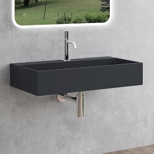 Mai & Mai Waschbecken 80x40x14cm aus Mineralguss in Matt Anthrazit | Aufsatzwaschbecken Hängewaschbecken Waschplatz mit Armaturloch inkl. Ablaufabdeckung Colossum6028