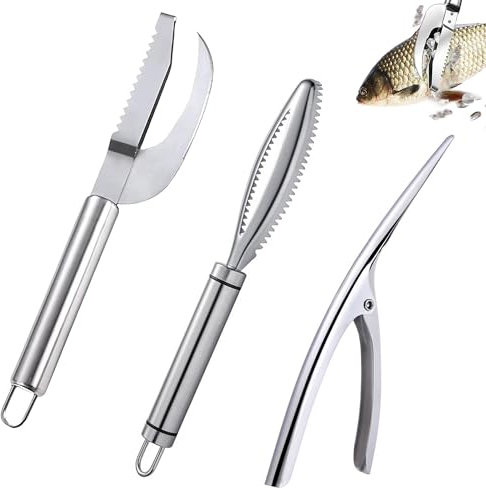 CHENNAN Eliminador de Escamas de Pescado 3 en 1, Cuchillo para Escamas de Pescado, Accesorio de Cocina, con Pinzas para Espinas de Pescado y Pelador rápido de gambas, para Pescado y Carne (3 Piezas)