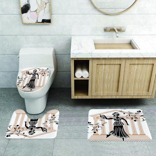 EMCLKS Set di 3 Tappeti da Bagno Antiscivolo,Asciugatura Veloce,Festa in toga, donna greca con costruzione di anfore e rami di ulivo, motiv,Molto Assorbente e Soffice per Bagno Tappeti,