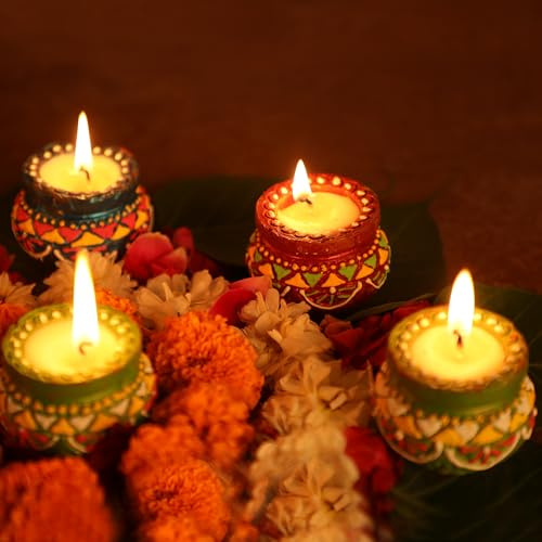 6-teiliges Set, mittelgroß, Jaipuri-Arbeit, dekorierter mehrfarbiger Ton Matki mit Wachsgefüllt, Diya, Diwali Pooja, handgefertigt, Durchmesser | Terrakotta – natürliche Erde Diya – handbemalt mit