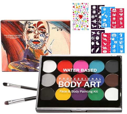 Bogoro 15 Farben Gesichtsbemalung für Halloween, 2 Pinsel, 60 Schablonen, 1 DIY Aufkleber, Face Paint Kit für Kinder, Wasserlöslich, Ungiftig und Harmlos, HypoallergenKarneval Fasching Schminken Set