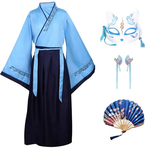 CRFASIBE Hanfu-dräkter för barn, kinesiska traditionella kläder, pojkar flickor kinesisk Cheongsam antik cosplay kostym med håraccessoarer, BLÅ, 140