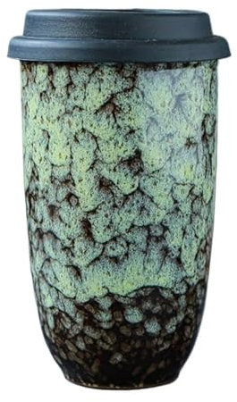 ERQIAO 1 x 480 ml Keramik-Kaffeetasse mit Silikondeckel und Tassenhülle, kreative große Kapazität, lässige Geschenke, Sommer, Winter, Trinkgeschirr (grünes Gras)