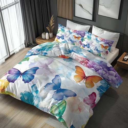 Generisch Bettwäsche 135x200 Schmetterling Blumen Design, 2teilig - Aquarell Bettbezug und 1 Kissenbezug 80x80, Wendebettwäsche, Schlafzimmer Deko, Mikrofaser, mit Reißverschluss U4&Y-51