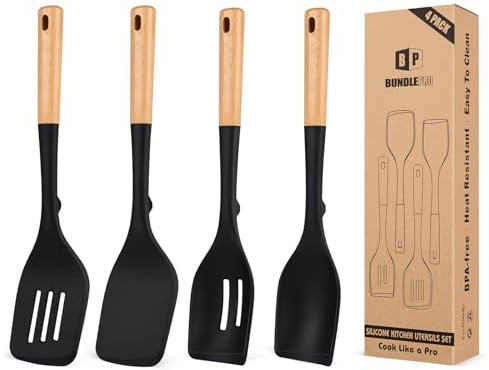 Pack of 4 Silicone Kitchen Utensils Set, Non Stick Solid Spatulas and Heat Resistant Slotted Spoons with Wooden Handle, Ideal BPA Free Cooking Utensils for Mixing,Serving,Turning,Stirring(Black)