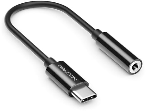 deleyCON USB-C auf 3,5mm Audio Adapter DAC-Chip TRRS - Schwarz | USB Typ-C Stecker zu Klinkenbuchse, kompatibel mit Smartphone, Tablet, Kopfhörer und Lautsprecher