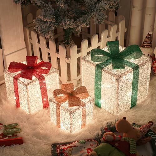OVOISSTIY Lot de 3 Boîtes Cadeaux Lumineuse de Noël, LED Décoration Lumière Boîtes Cadeaux avec 8 Modes, Boîtes Cadeaux à LED de Noël pour Decoration Noel Exterieur Intérieur (Argent)