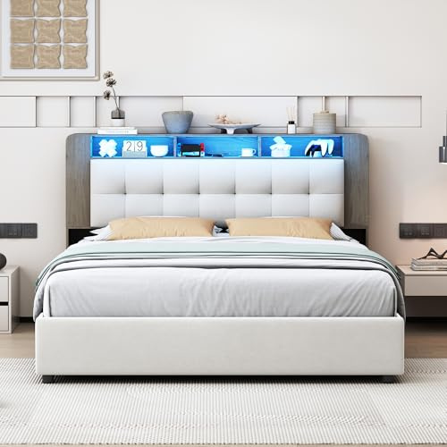 TIMORWTF Bett mit Stauraum, 160 x 200 cm, mit Lattenrost, Bettgestell mit LED-Beleuchtung und kabelloser Ladefunktion, gepolstertes Doppelbett mit Stauraum, Samt, ohne Matratze, Beigeweiß, Weiß