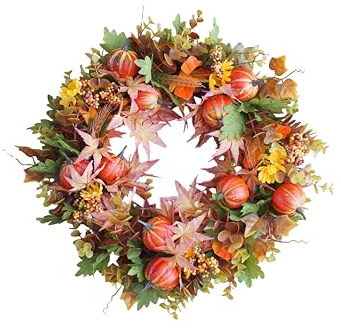 Autumn Wreath with Mini Pumpkins & Flowers 40cm – Fall Wreath for Front Door, Indoor Wall or Table Centerpiece – Seasonal Harvest Decor