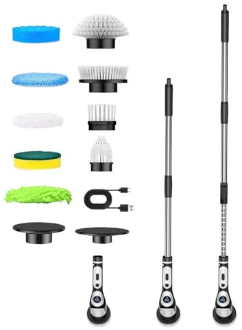 WPKD BLUEIY Cepillo de limpieza eléctrico inalámbrico con 9 cabezales de cepillo reemplazables, cepillo de limpieza inalámbrico activado por voz eléctrico, con varilla telescópica giratoria automática