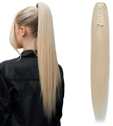 MY-LADY Pferdeschwanz Haarteil mit Klammer Echthaar, 35cm Lang Claw Clip in Ponytail Extension Natürlich Glatt Haarextension Zopf #60 Platinblond 105g