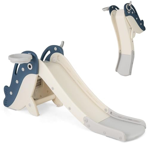 COSTWAY Folding Kids Slide, 4 in 1 Freestanding Toddler Slide with Climber, Basketball Hoop, Ring Toss, Indoor Outdoor Play Equipment for 3+ Years Old (Blue+Grey)