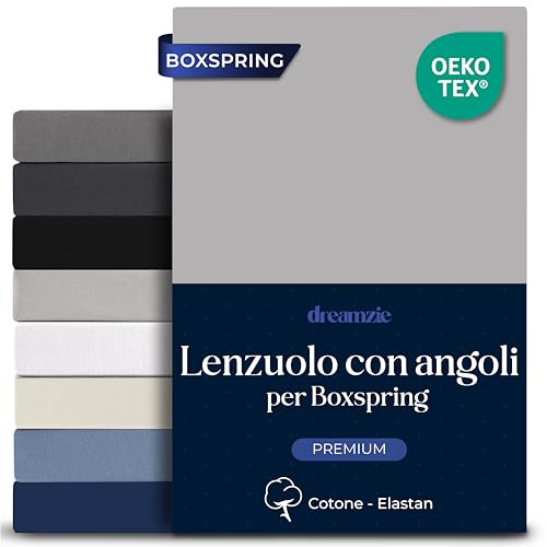 Dreamzie – Lenzuola Matrimoniali 200x200 Cotone Elastico Comfort Premium 250gsm - Altezza Profondo 40 cm, Materassi Alti o Boxspring - Oeko-Tex – Grigio