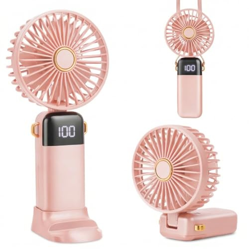 Handventilator,Tragbarer Leise Mini Ventilator,USB Wiederaufladbar Faltbal ventilator,Mit 5Geschwindigkeitsstufen,Klein Taschenventilator,mit Sockel und Umhängeband für Reisen Büro Zuhause (Rosa)