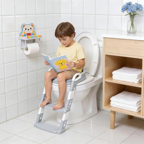 Toilettensitz Kinder mit Treppe, Toilettenaufsatz Kinder mit Griff und Splash Guard, 6 Gänge Höhenverstellbare Faltbar Toilettentrainer, WC Sitz für 2-7 Jahre Babys, für V/U/O-förmige Toiletten