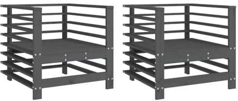QJBSAVVA Gartenstühle 2er Set Grau aus Kiefer Massivholz, Modulare Terrassenstühle mit Armlehnen und Rückenlehne für Garten und Balkon, Outdoor Lounge Sessel Holz, 63,5 x 63,5 x 60 cm