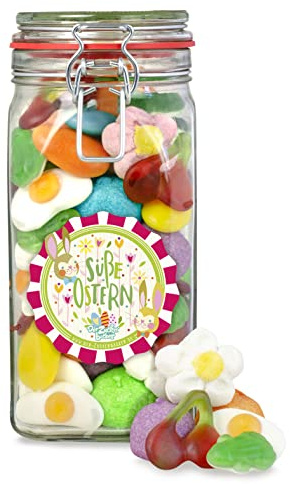 Große Osterfreude, leckerer Fruchtgummi & Schaumzucker-Mix in einem großen nostalgischen Bügelglas, Schöne Geschenkidee zu Ostern
