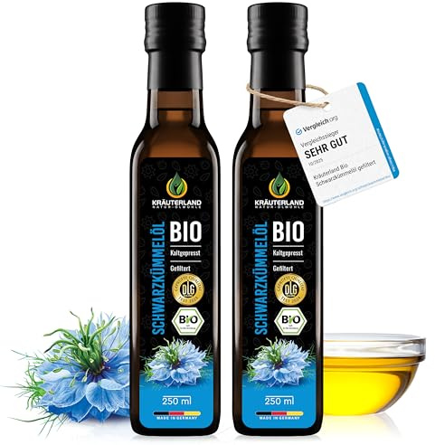Kräuterland Bio Schwarzkümmelöl kaltgepresst gefiltert 2x250ml (500ml) | 100% Nigella Sativa, hoher Thymochinongehalt, ohne Konservierungsstoffe & Aromen, nativ, vegan, mühlenfrisch in glasflasche
