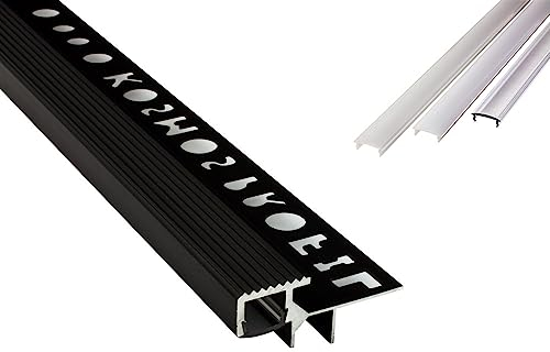 T-4058 LED Alu Fliesenprofil Treppenprofil Stufen 10mm schwarz + Abdeckung 2m milky