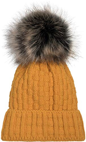 styleBREAKER Unisex Strick Bommelmütze Flechtmuster | Made in Polen. Thermo-Fleece-Futter gegen Kälte, 12 cm Fake-Fur-Bommel, 22 cm Bund elastisch dehnbar Kopfumfang ca. 46-60 cm