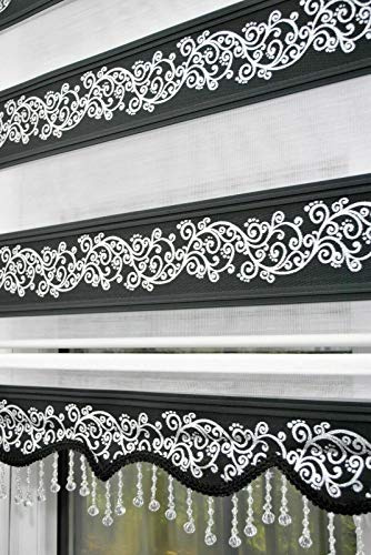 kskeskin Duo Rollo 220 cm x 200 cm schwarz silberranken Doppelrollo mit Alukassette Rankenmuster in verschieden Breiten breiter Beschwerung mit Perlen Volant (schwarz silberranken, 220 cm x 200 cm)