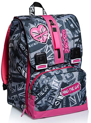 Seven Zaino Scuola Triplicabile, Rosa Grigio, Keep Flag, Zaino Doppio Scomparto Estensibile con Tasca Esterna Richiudibile, Scuola, Bambina