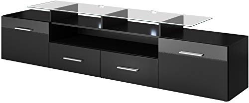 Tv Schrank Evora Mini, Lowboard, Unterschrank, Fernsehentisch, Fernsehenschrank mit 2 Klappen, 2 Schubladen und LED Beluchtung (Schwarz/Schwarz Hochglanz)