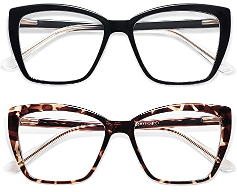 AMOMOMA Trendy TR90 Oversized Blue Light Reading Glasses Women,Stylish Square Cat Eye Glasses AM6031 C1+C6 0.0 x