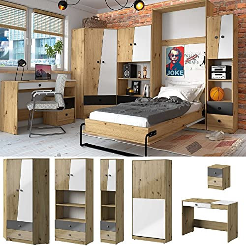 QMM Jugendzimmer Kinderzimmer komplett Neo Set E Eckschrank Regale Schreibtisch Container Schrankbett Vertikal Farbauswahl (Grau Matt)