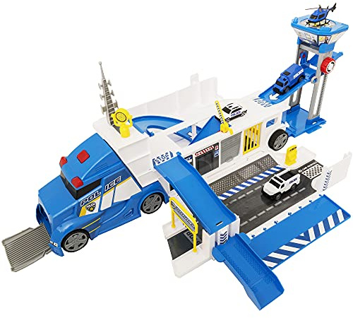 Teamsterz Camión de comando de la policía con 5 coches Transporter | Vehículos de juego para niños Servicios de emergencia Juguetes Coches Juego para Niños y Niñas Edad 3 Años+