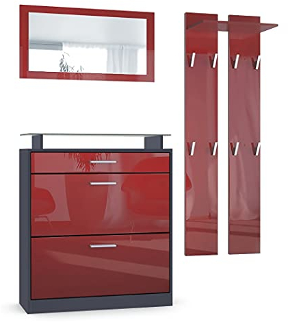 Vladon Garderoben-Set Loret Mini, Schuhschrank 89 x 104 x 23 cm für bis zu 16 Paar Schuhe inkl. Spiegel, 2 Wandpaneele, Anthrazit matt & Bordeaux Hochglanz