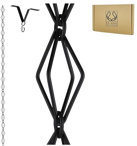 U-nitt Rain Chain Water Collection for Gutters Rainwater Catcher & Diverter, 8.5 FT Chains for Outside Garden, Black Diamond Link, Roof Downspout, Works with Heavy Rain, w/Gutter Clip for Rainchains